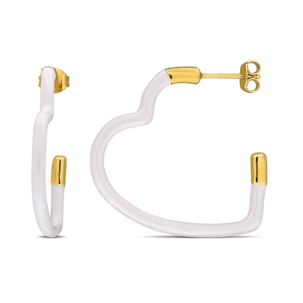 Sterling Silver Open Heart Hoop Earrings with White Enamel
